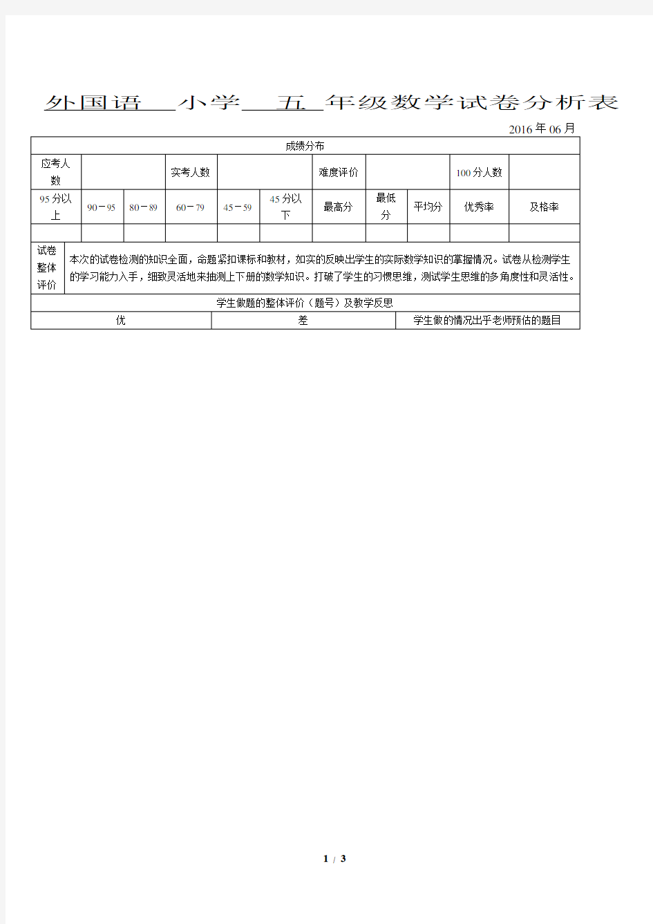 (完整)小学数学试卷分析表五年级