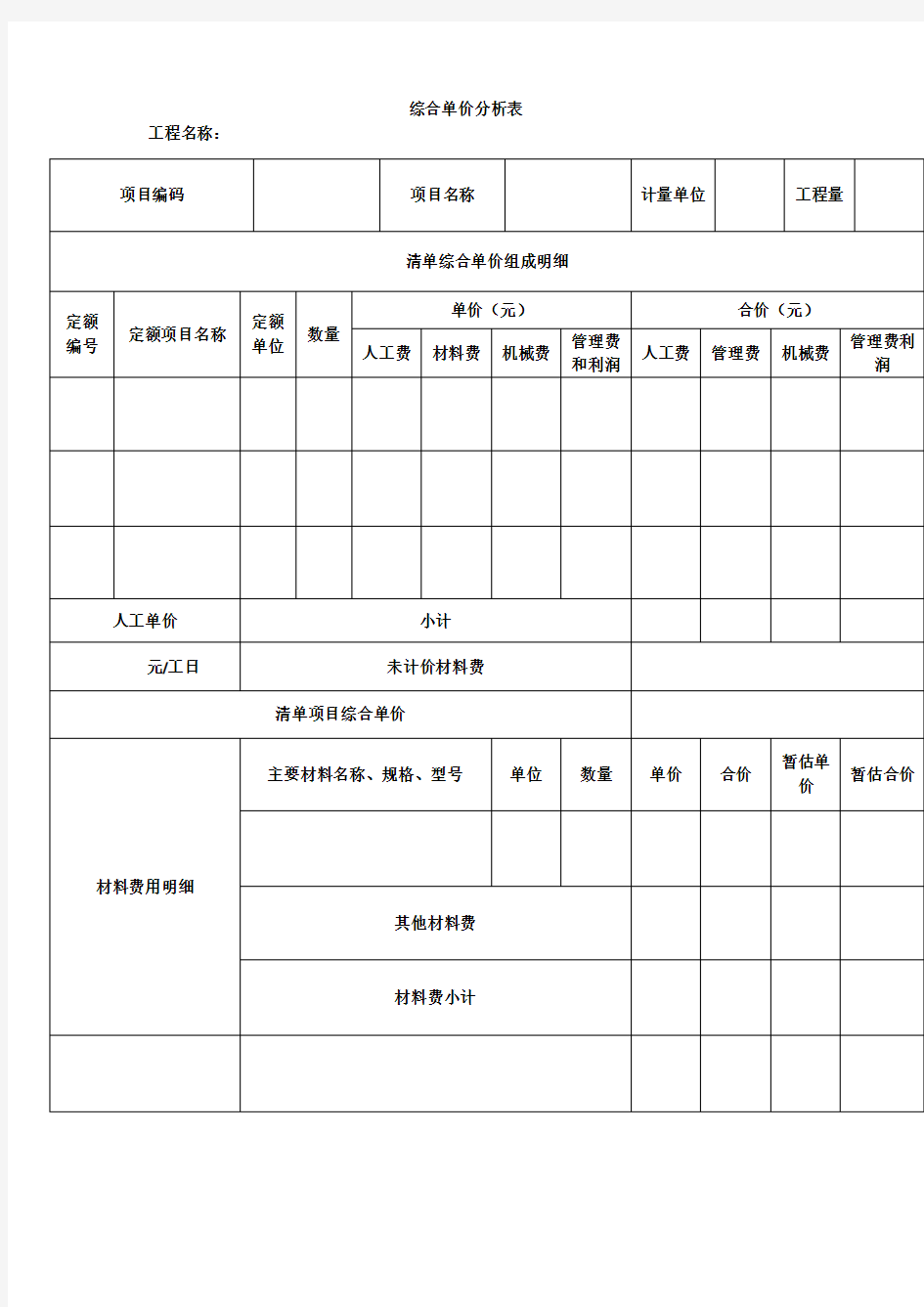 综合单价分析表(空白)