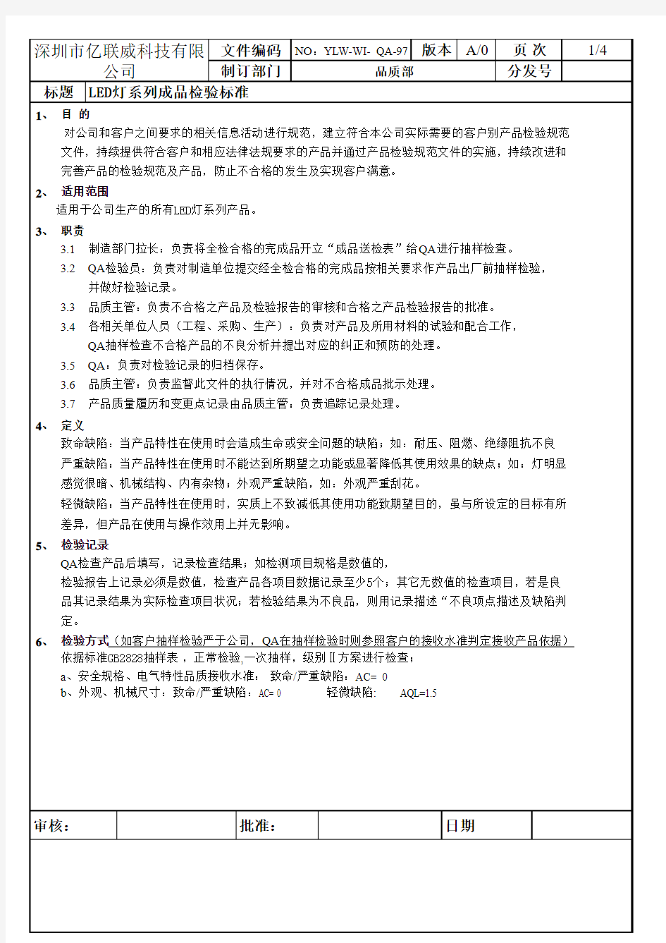 LED灯系列成品检验标准