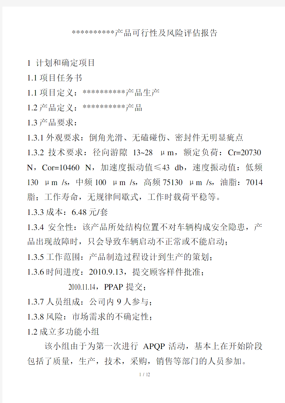 某产品可行性及风险评估报告(doc 12页)