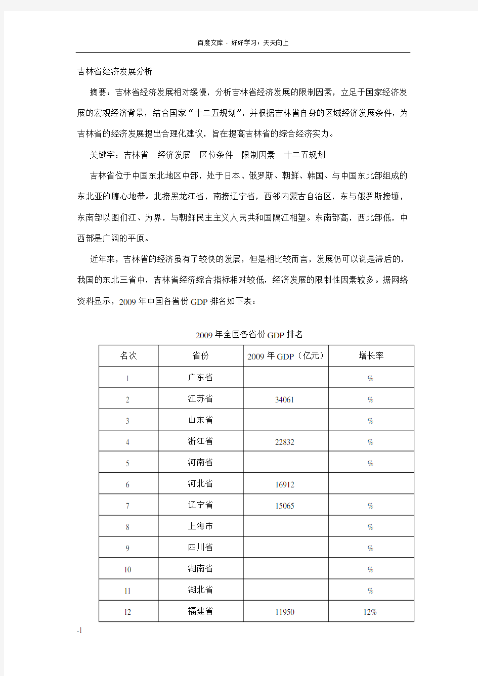 吉林省经济发展分析