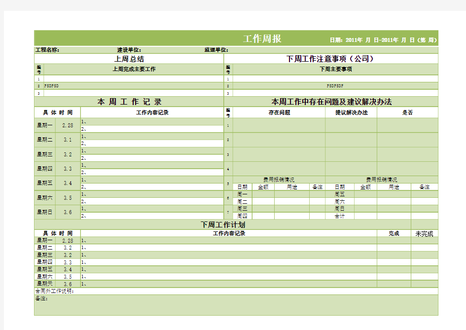 工作周报模板excel模板