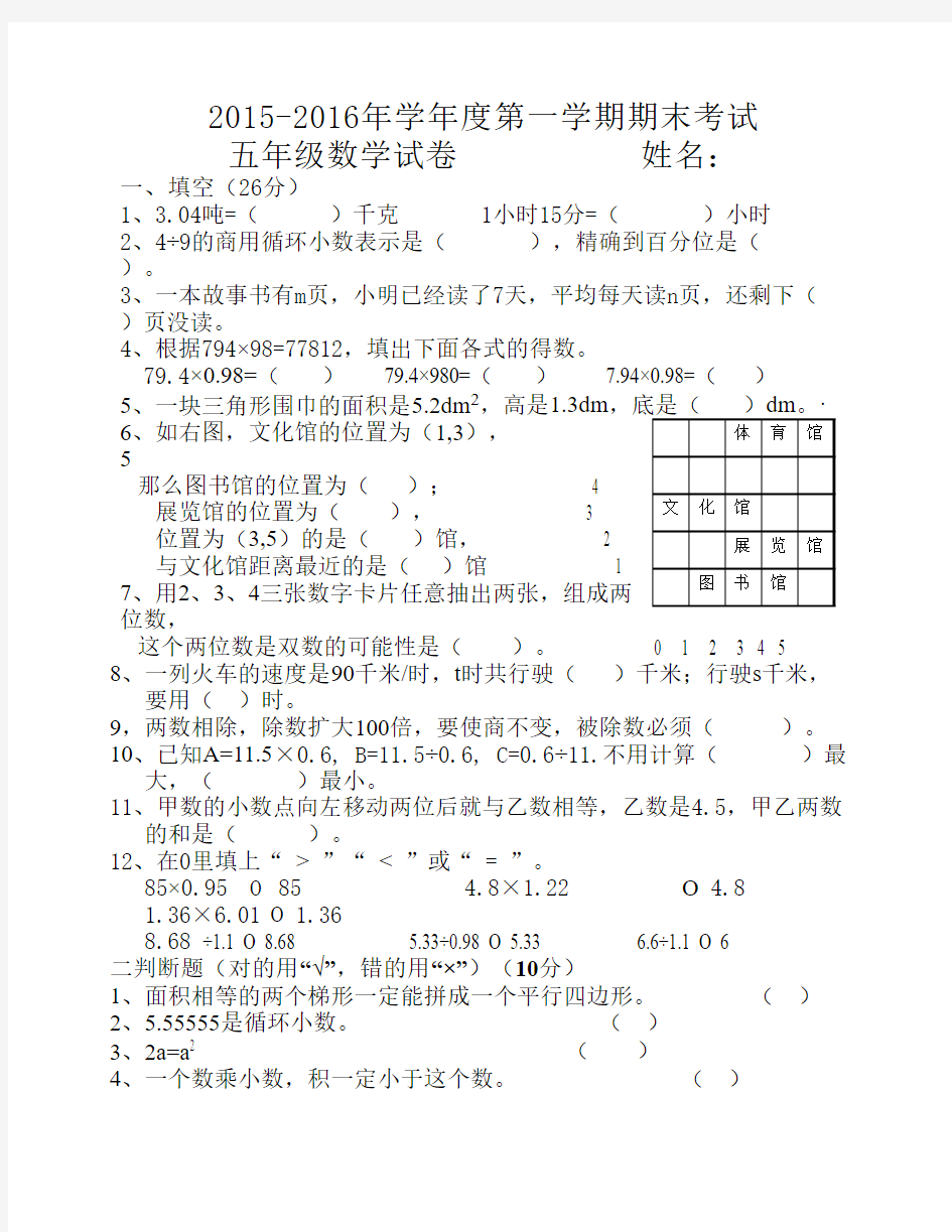 2015-2016年学年度五年级第一学期期末考试