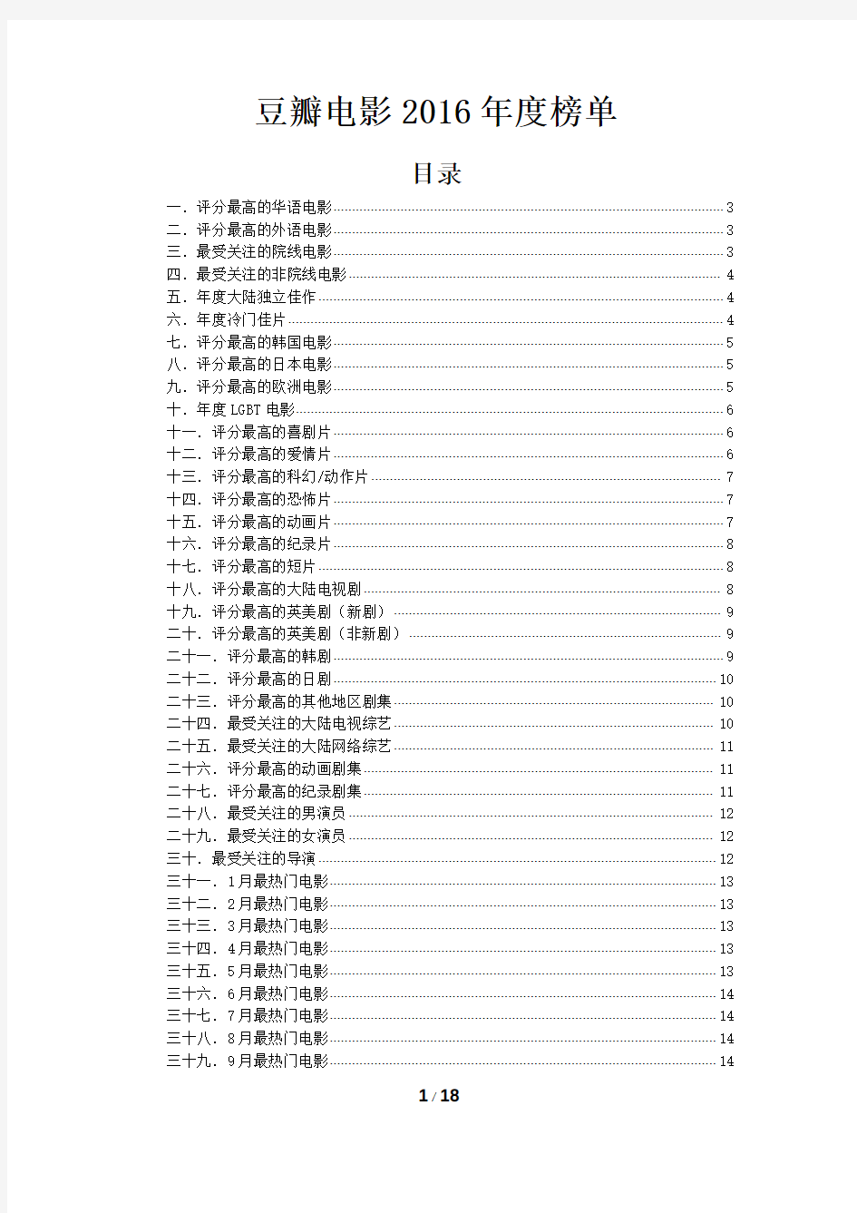 豆瓣电影2016年度电影榜单