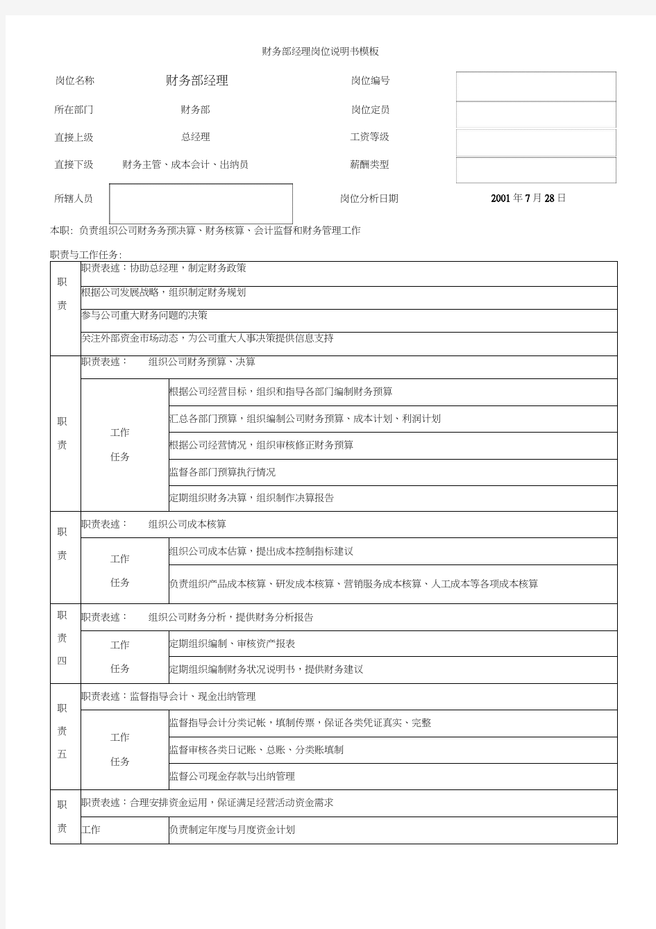 财务部经理岗位说明书模板