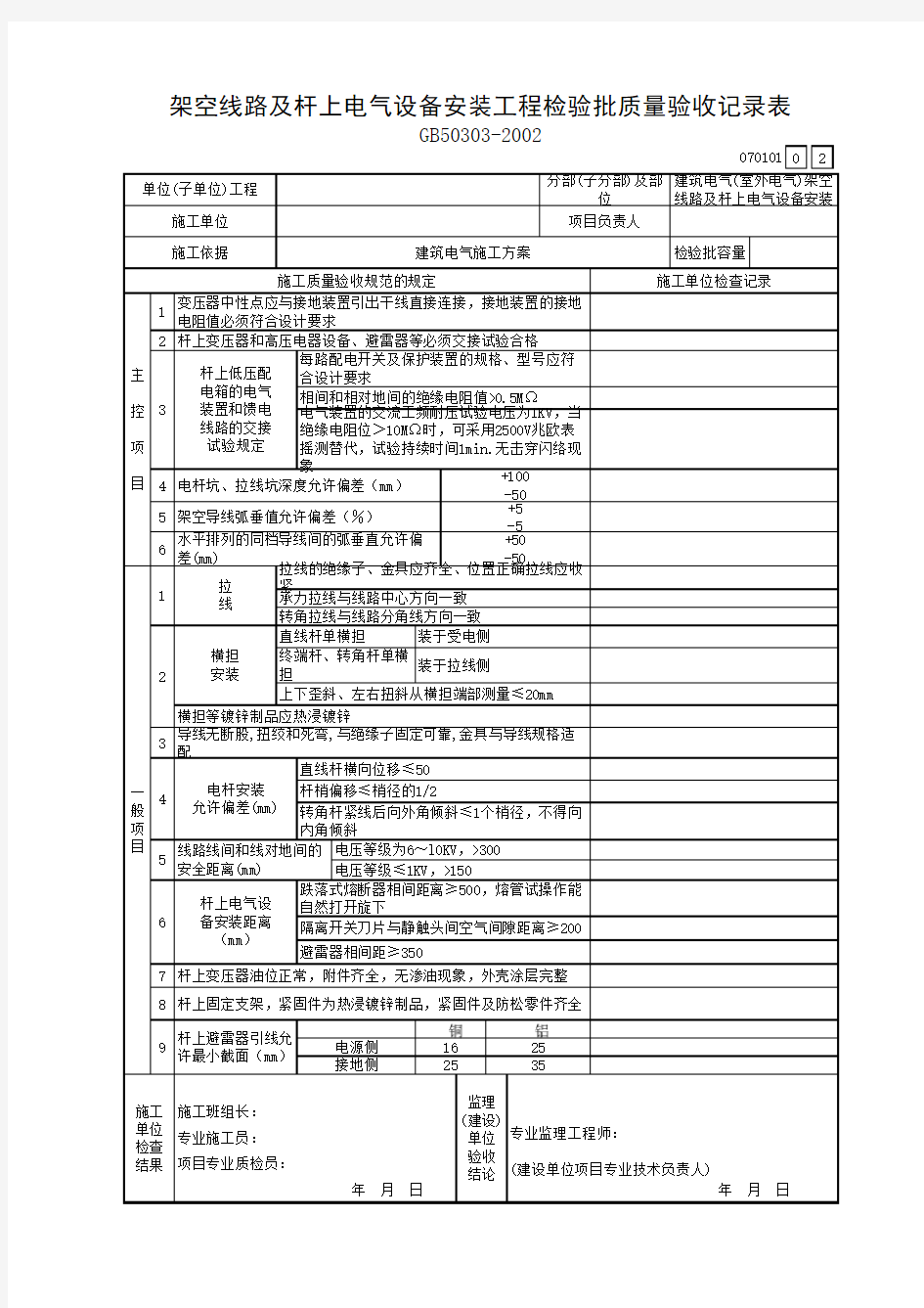 架空线路及杆上电气设备安装工程检验批质量验收记录表