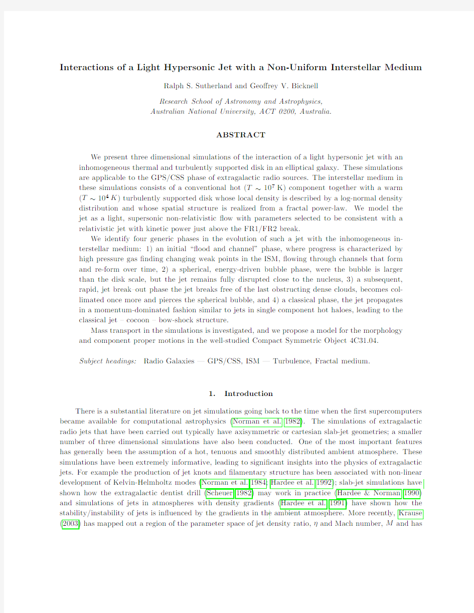 Interactions of a Light Hypersonic Jet with a Non-Uniform Interstellar Medium