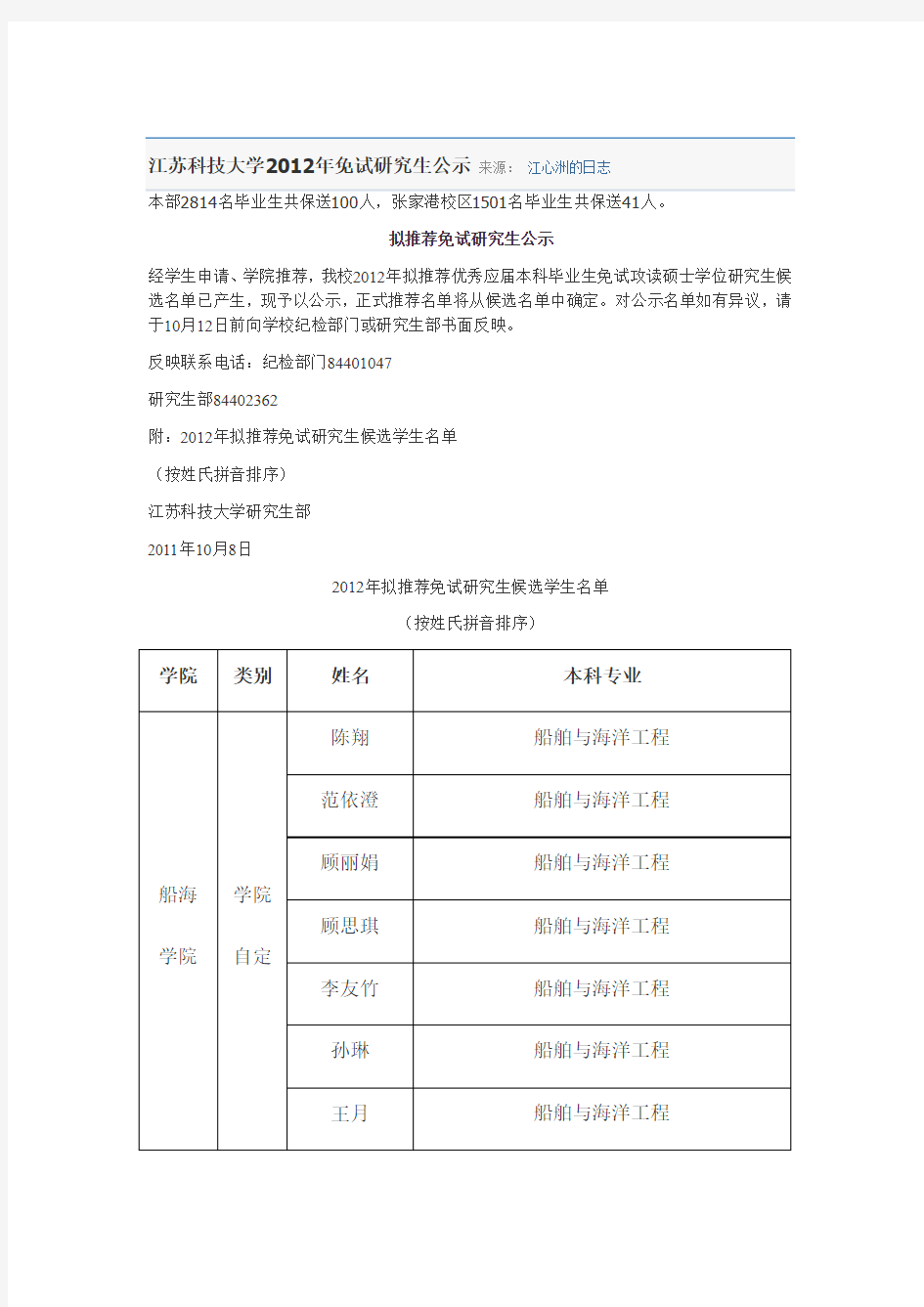 江苏科技大学2012届推免研究生名单