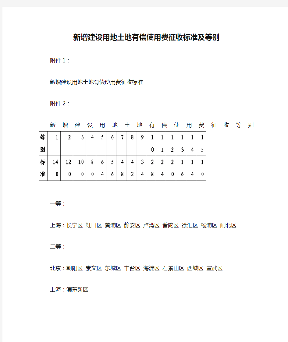 新增建设用地土地有偿使用费征收标准及等别