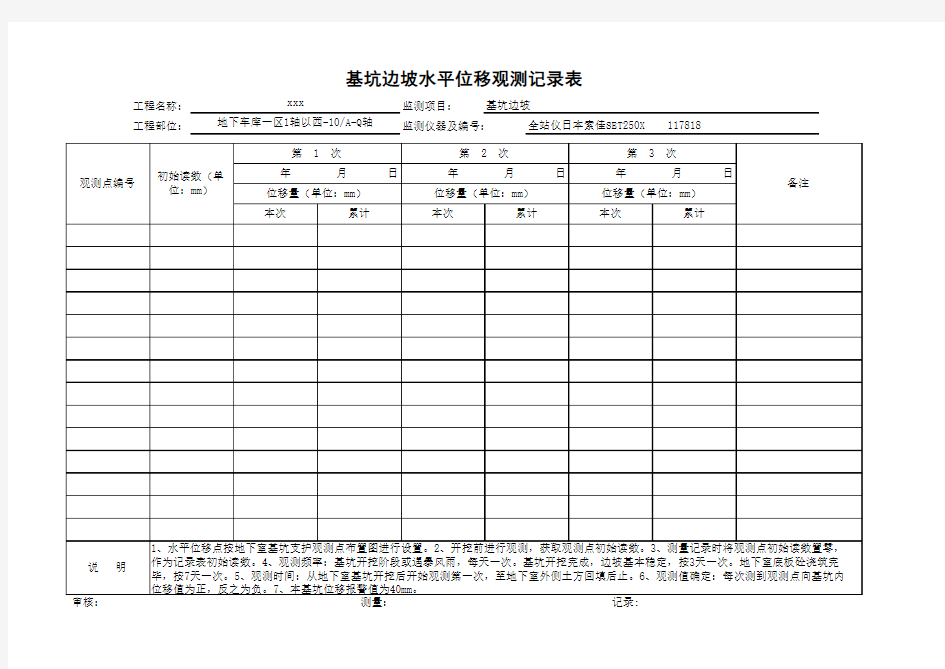 最新基坑边坡水平位移观测记录表