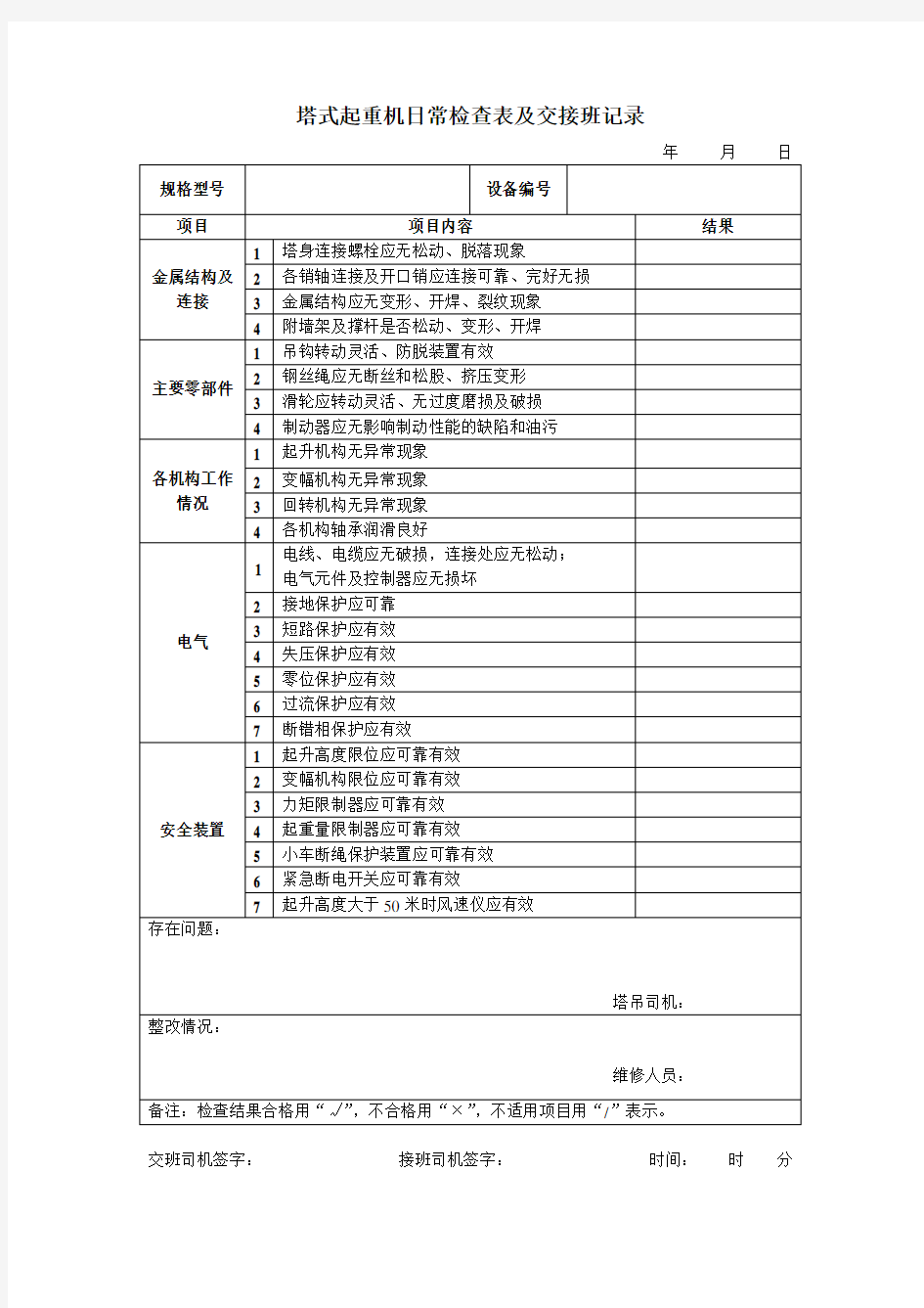 塔式起重机日常检查表及交接班记录