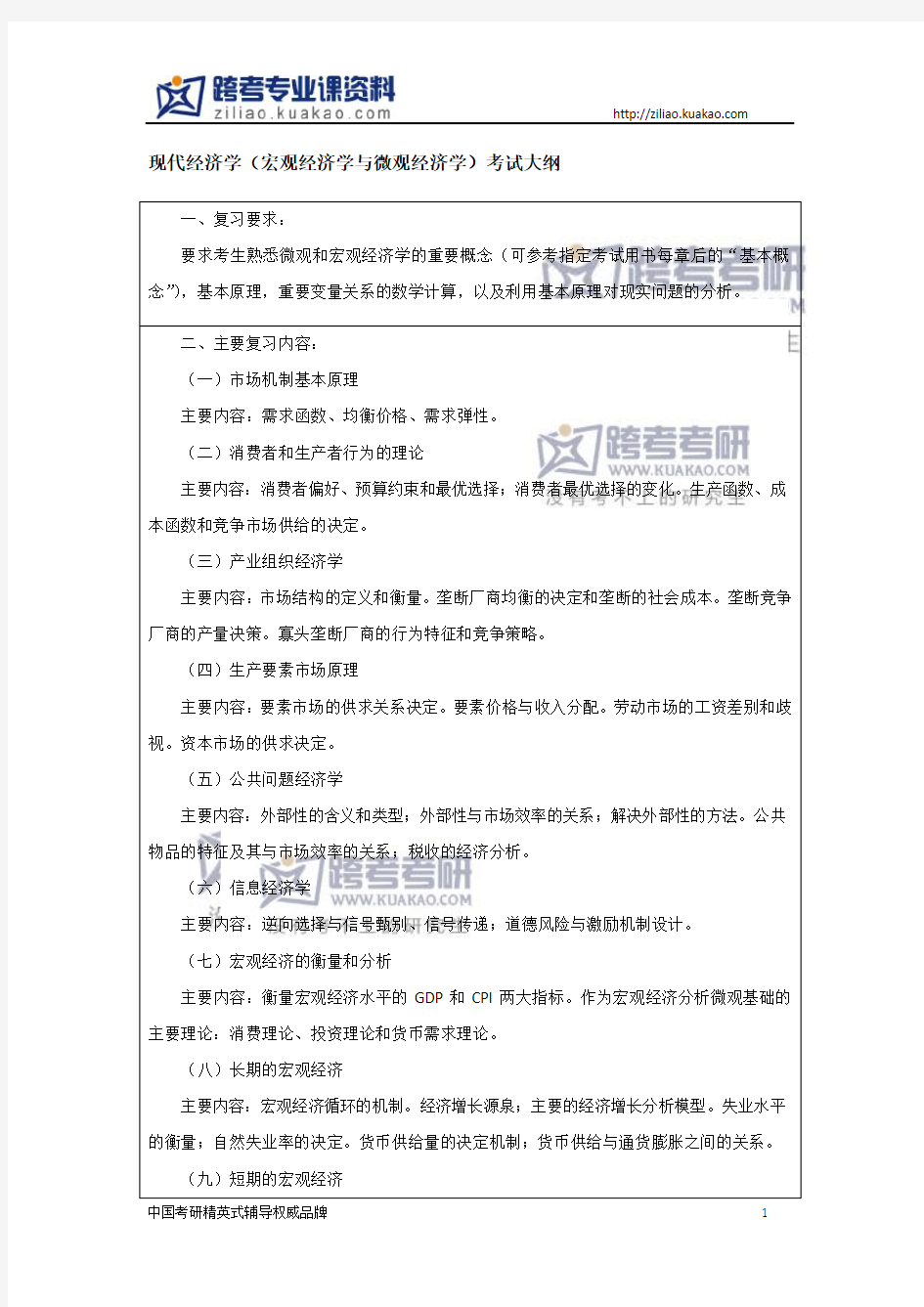 上海大学868现代经济学(宏观经济学和微观经济学)13年考试大纲