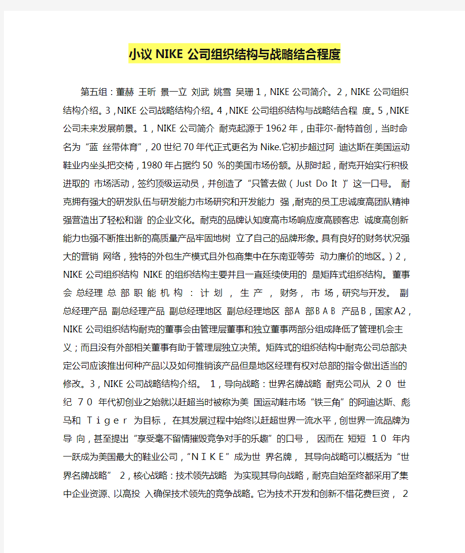 小议NIKE公司组织结构与战略结合程度