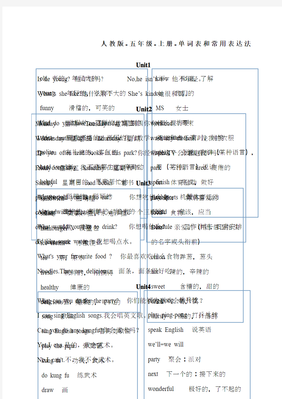 新人教版五年级-英语-上册-单词表