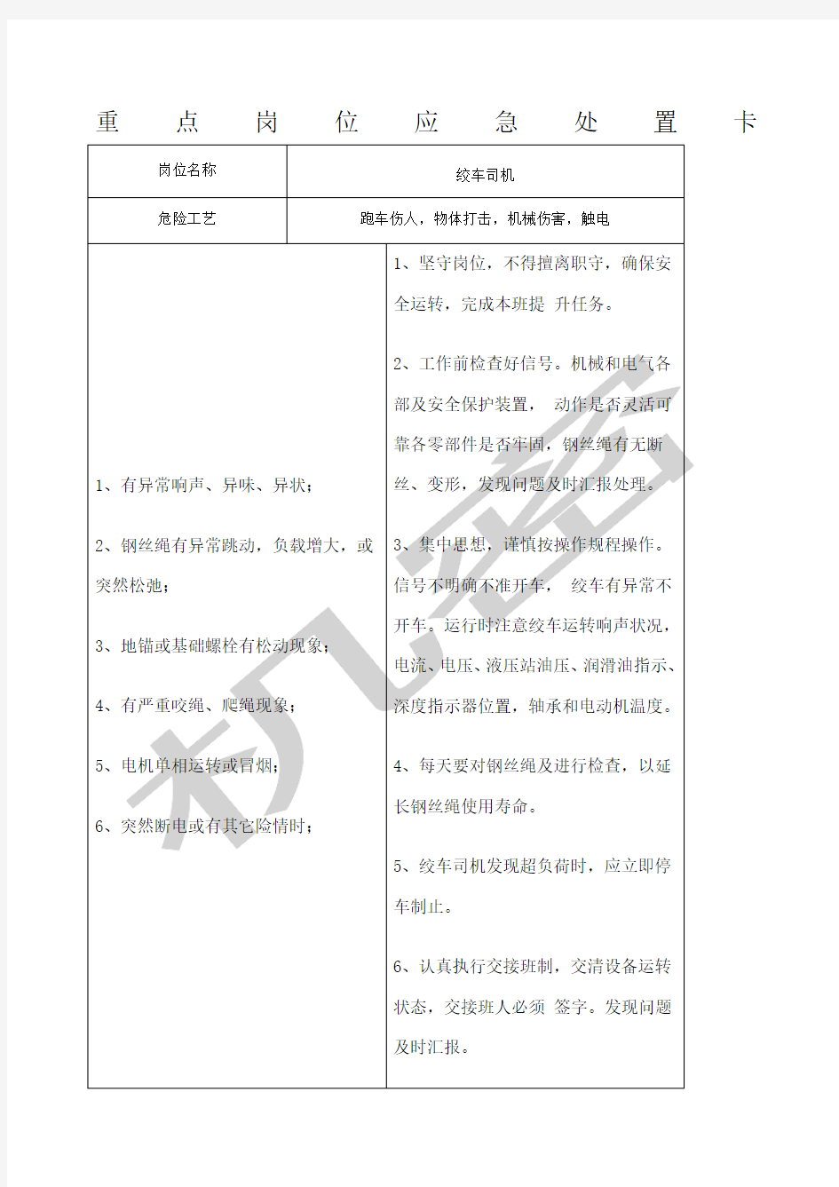 煤矿重点岗位应急处置卡