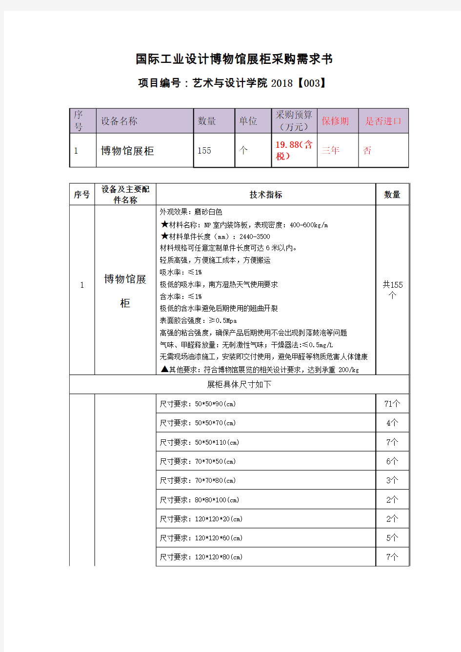 国际工业设计博物馆展柜采购需求书