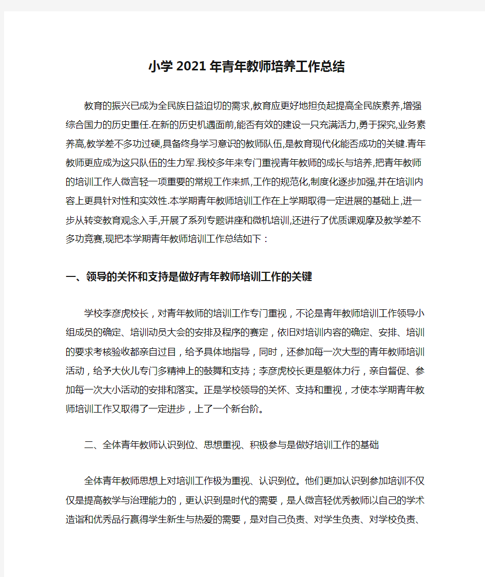 小学2021年青年教师培养工作总结