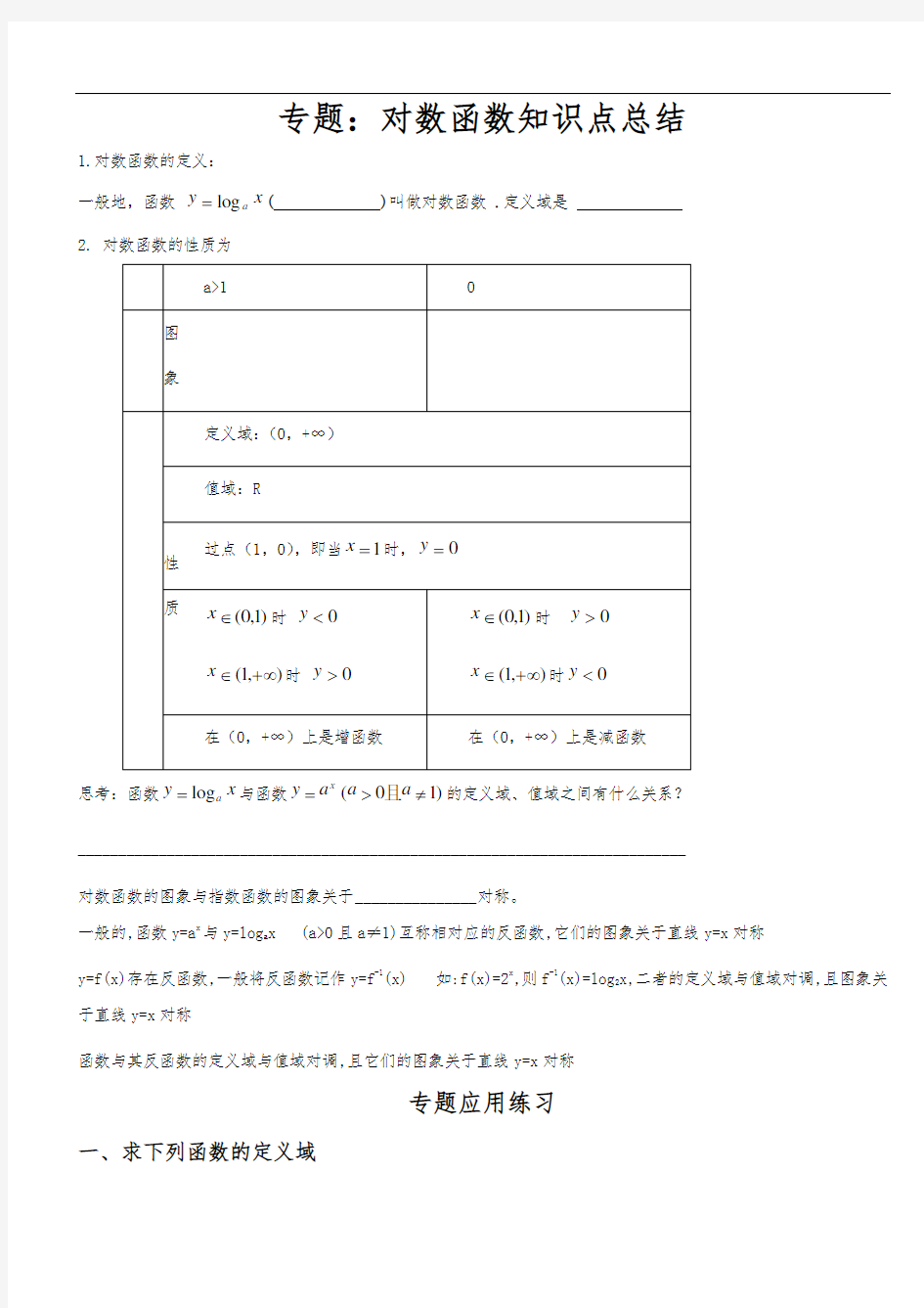 专题：对数函数知识点总结及类型题归纳