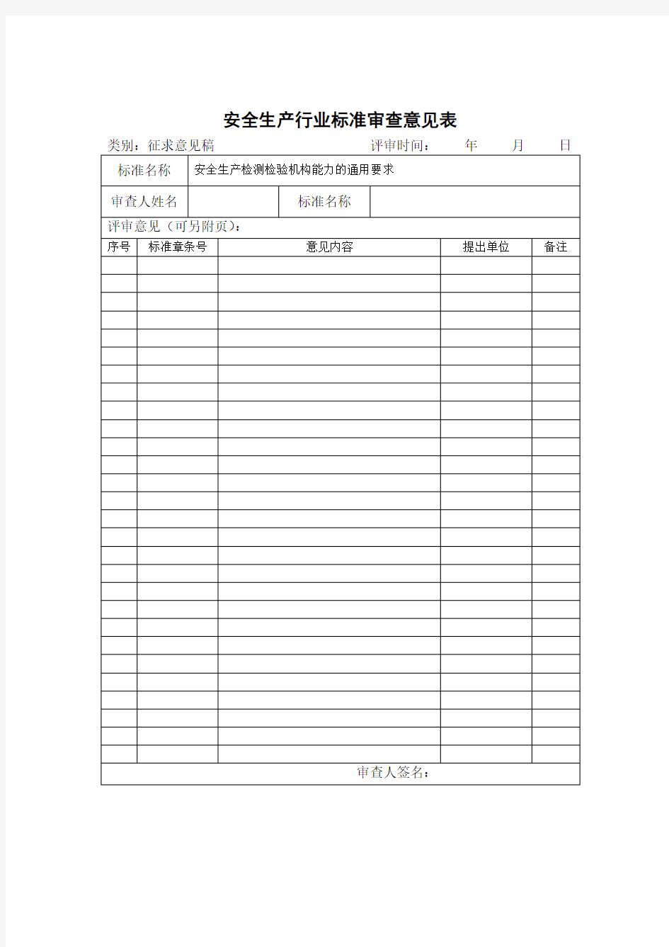 安全生产行业标准审查意见表