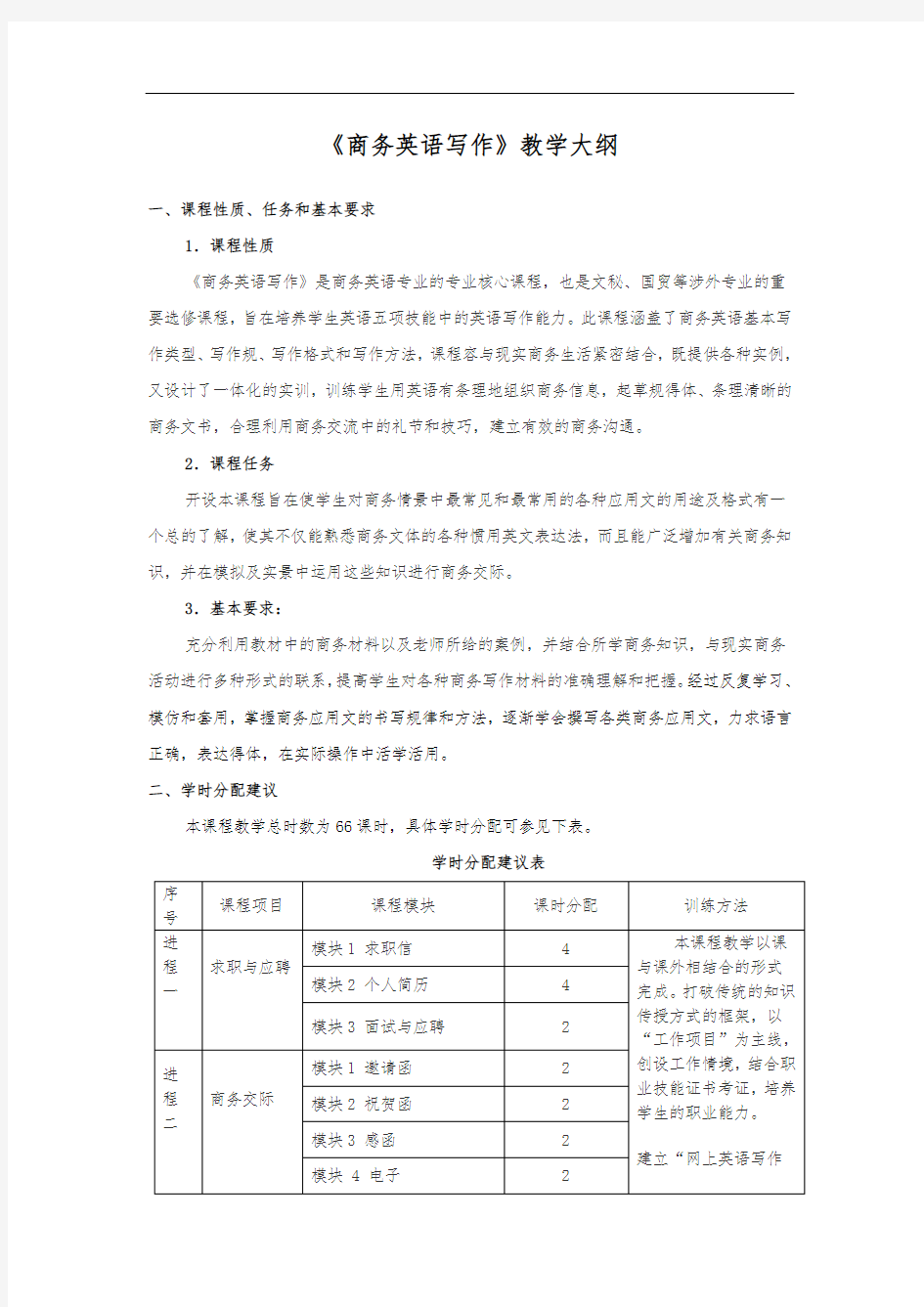 商务英语写作教学大纲