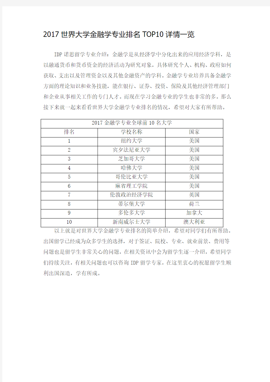 2017世界大学金融学专业排名TOP10详情一览