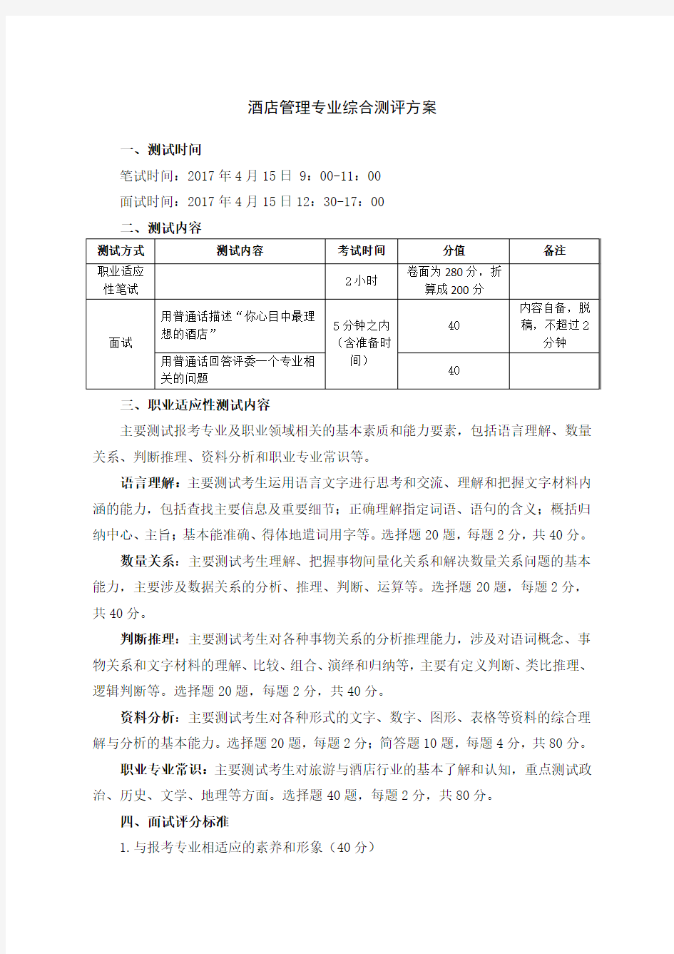 酒店管理专业综合测评方案