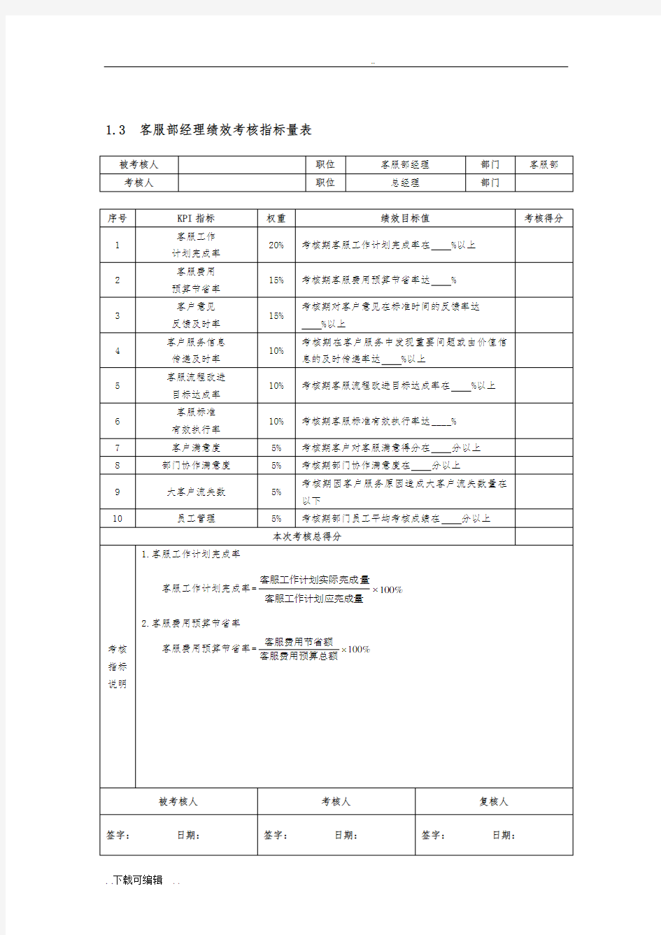 客户服务人员KPI绩效量化考核