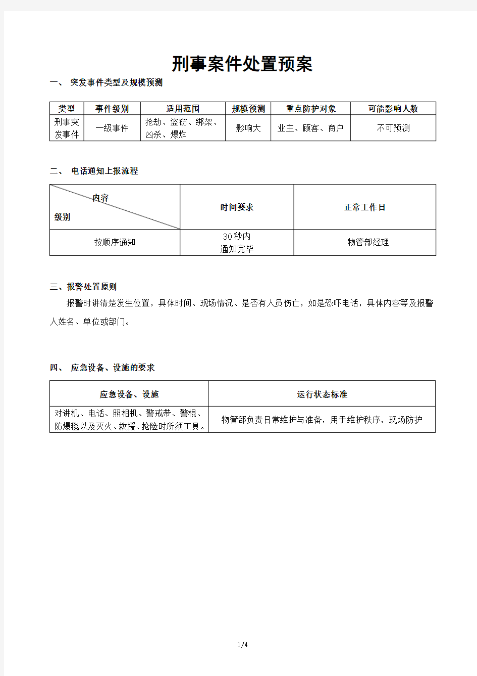 刑事案件处置预案