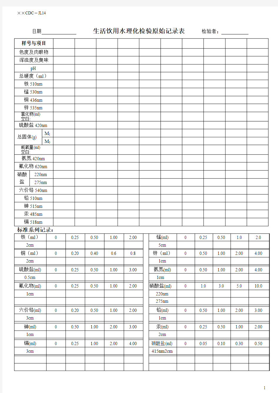 生活饮用水理化原始记录表