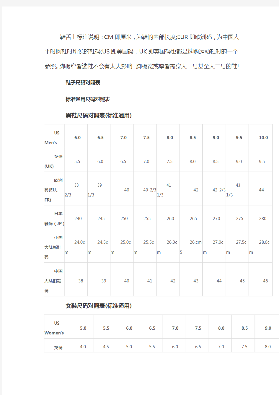 国际的鞋尺码对照表