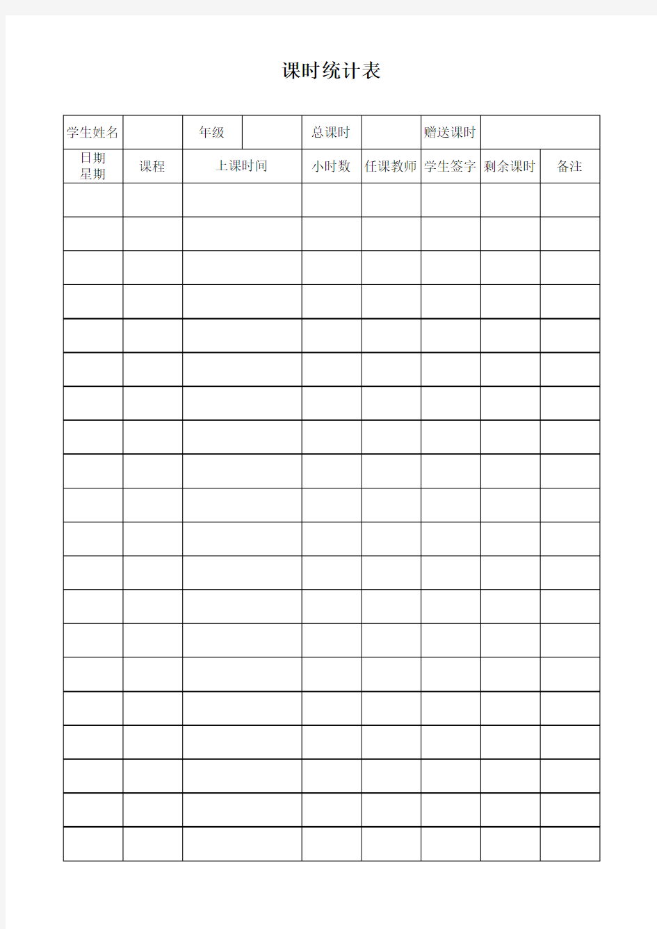 培训学校学员剩余课时统计表