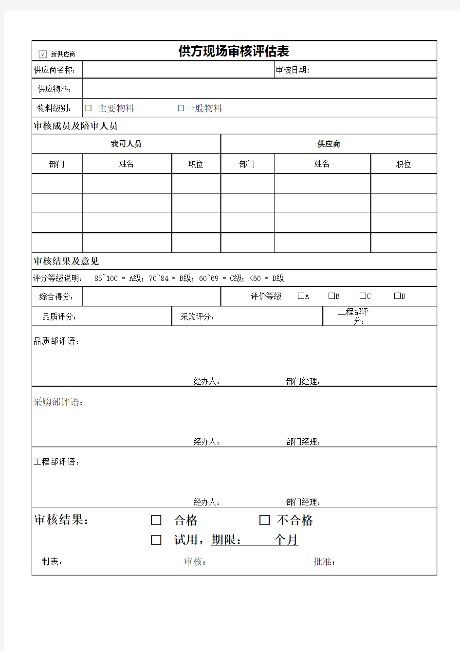 供应商现场审核记录表及评分要求