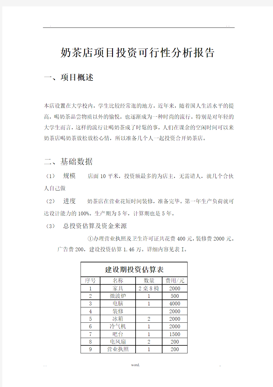 奶茶店项目投资可行性分析报告