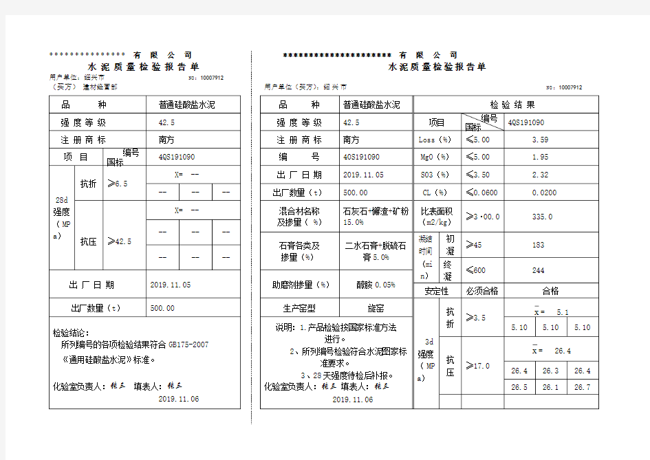 质量检验报告单