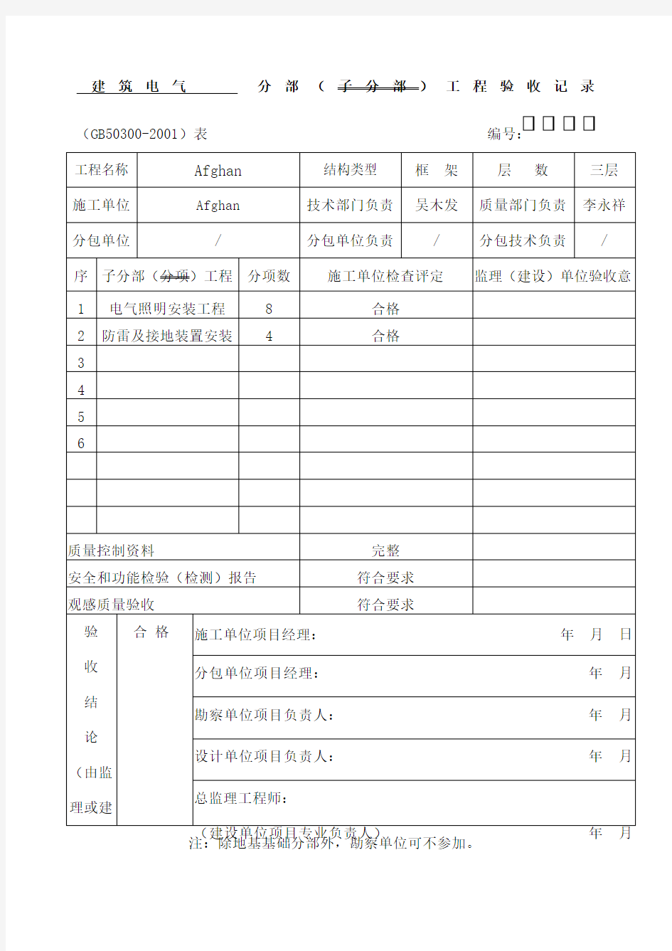 全套建筑电气分部分项工程验收记录