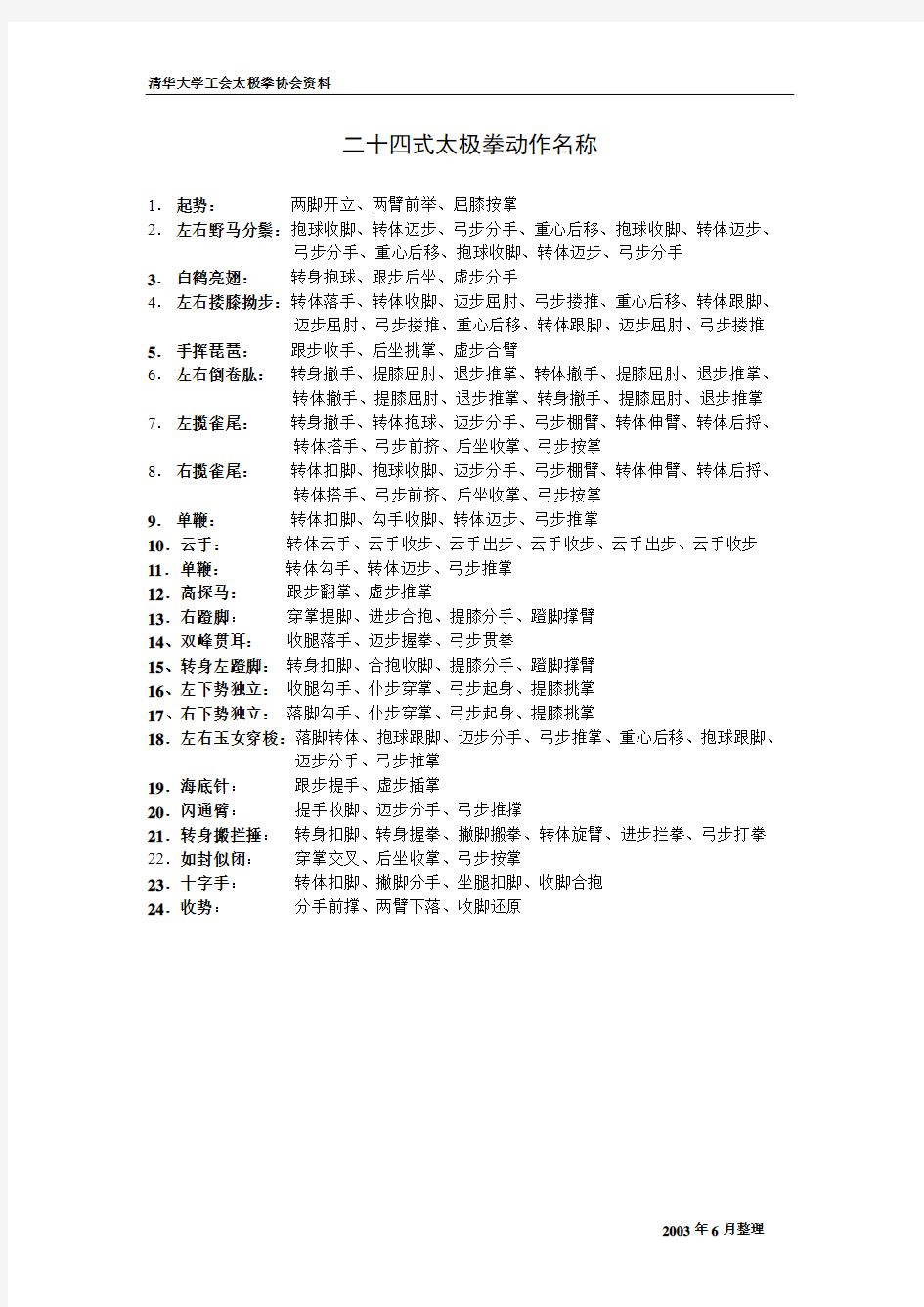 二十四式太极拳动作名称