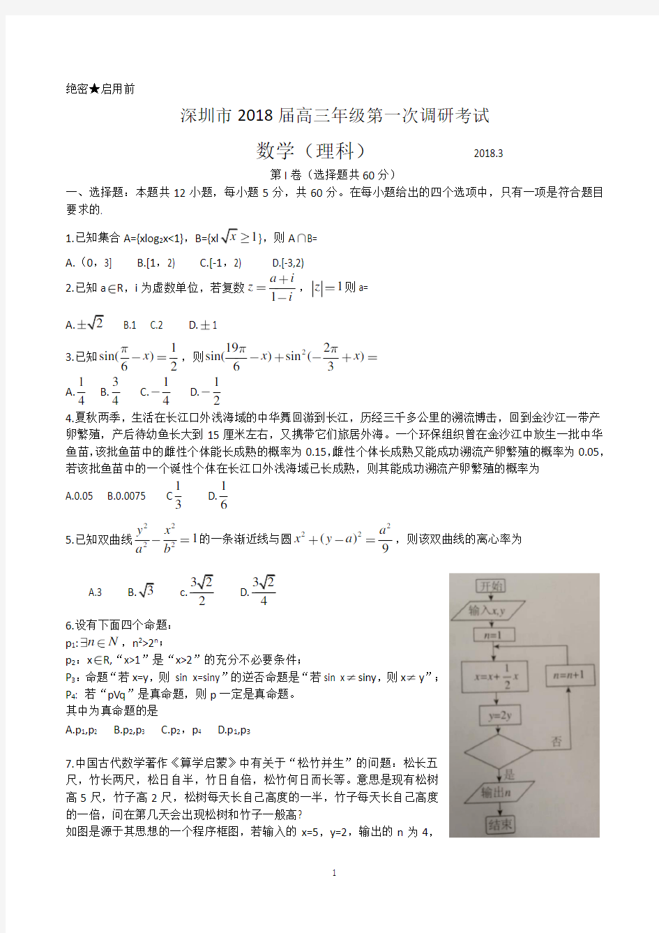 深圳市2018届高三年级第一次调研考试理科数学试题(有答案)