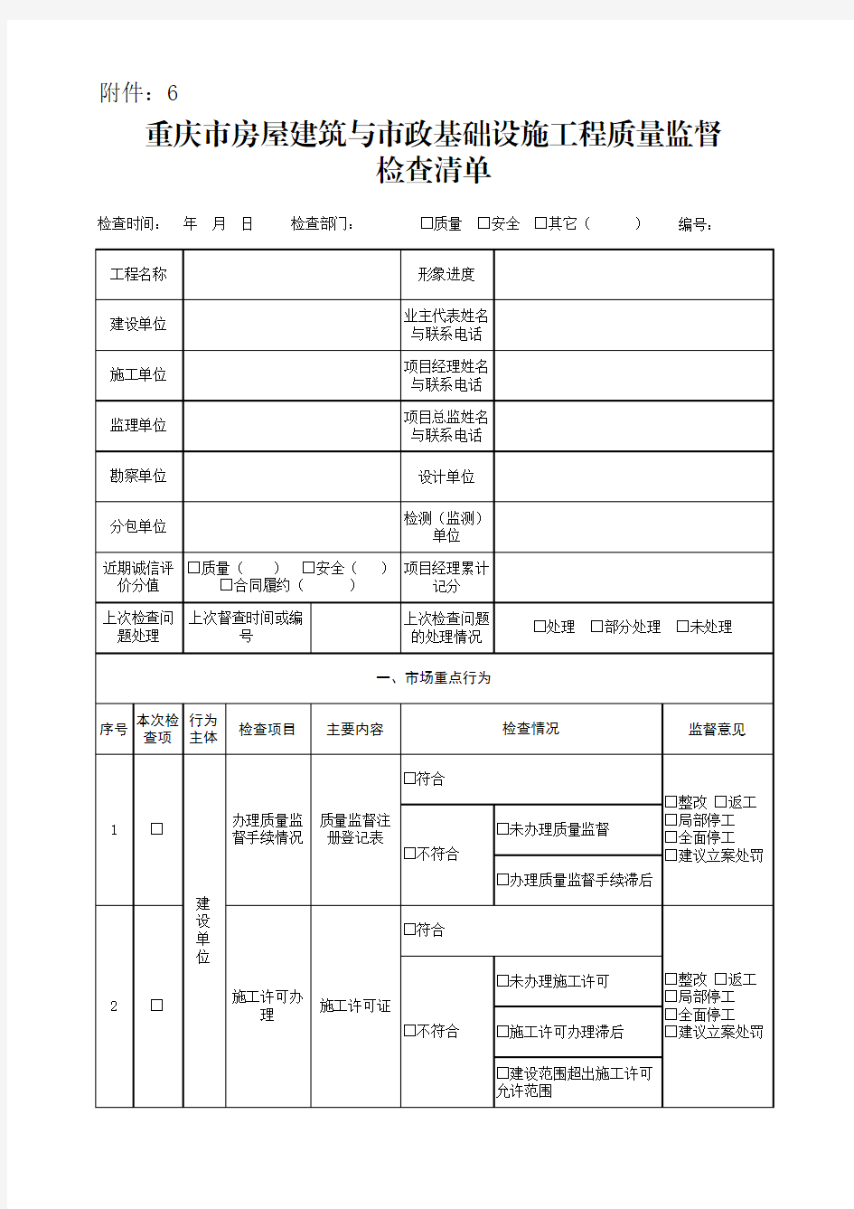 重庆市房屋建筑与市政基础设施工程质量监督检查清单
