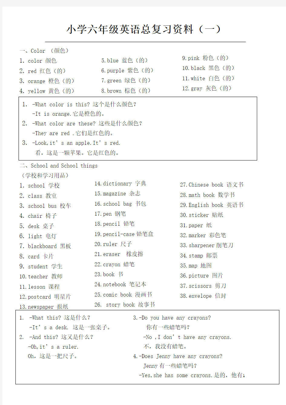 (完整)小学六年级英语总复习资料(开心英语版)