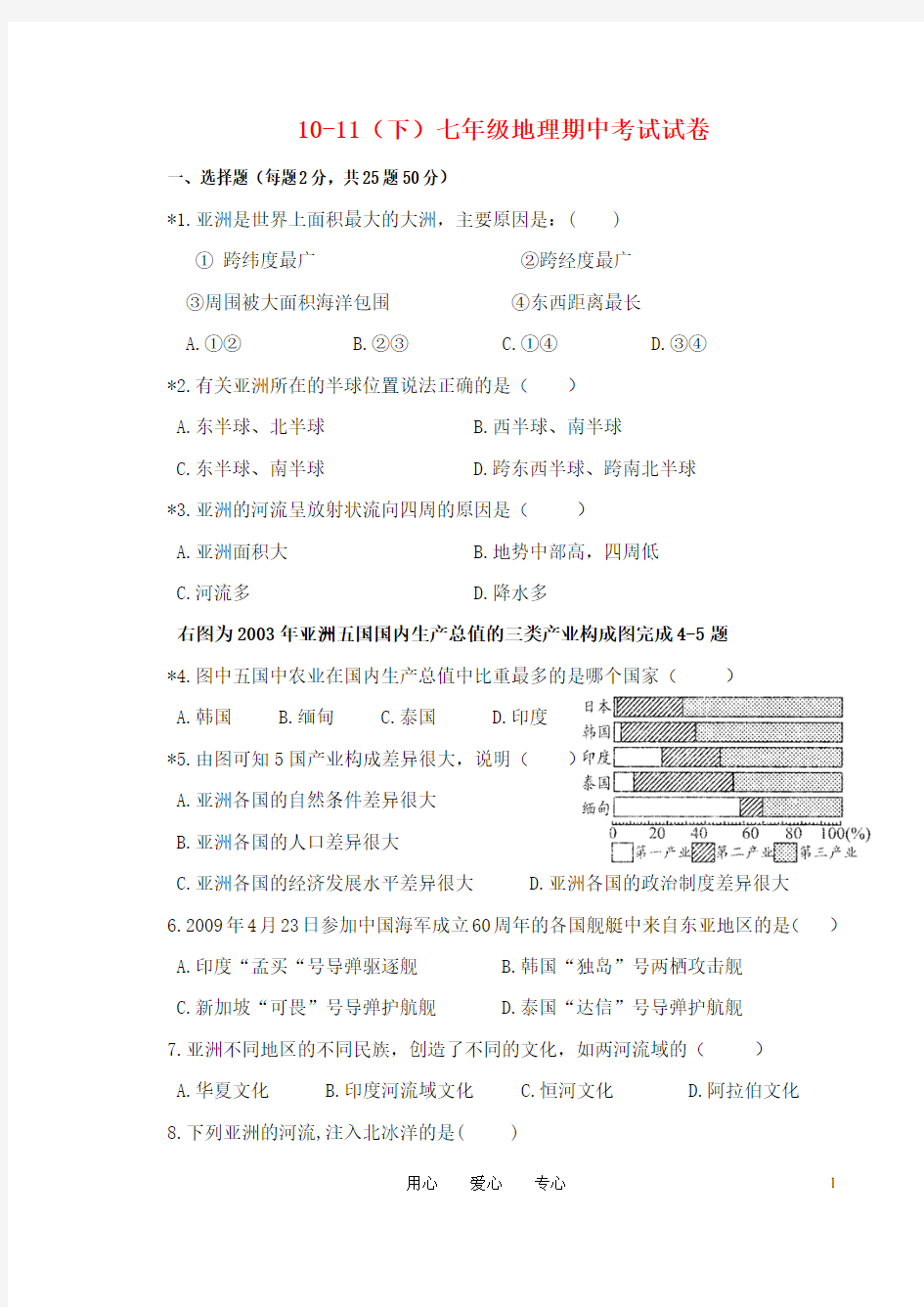 七年级地理下学期期中考试卷 人教新课标版