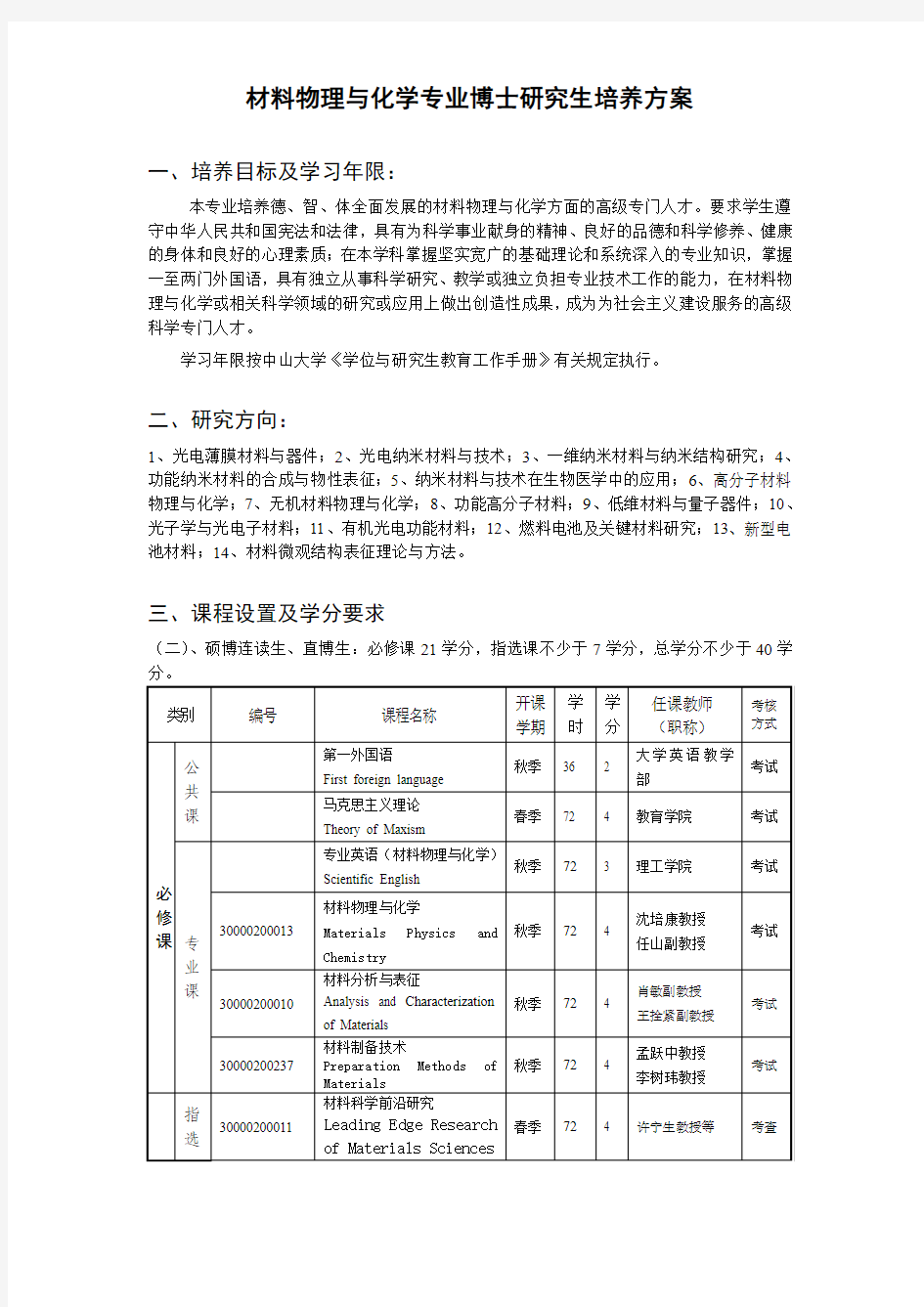 材料物理与化学专业博士研究生培养方案