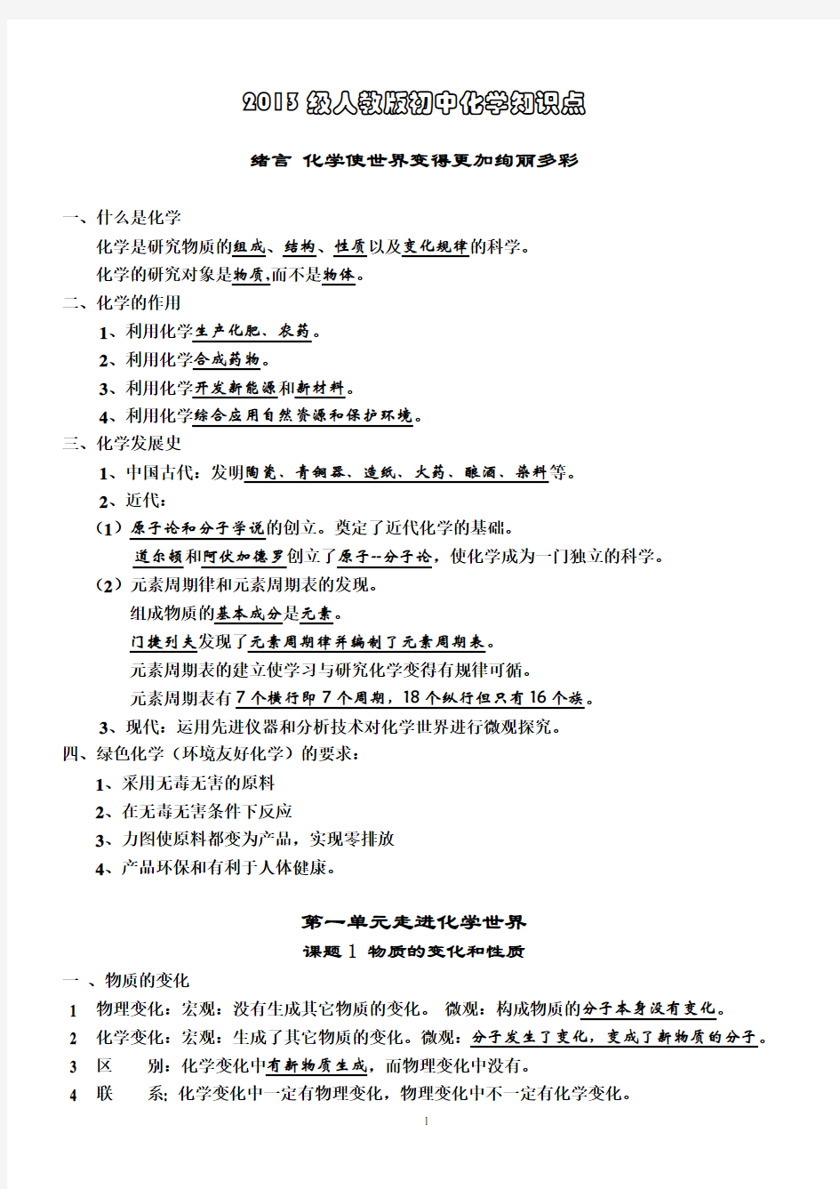 2015年人教版初中化学新版上、下册知识点系统归纳