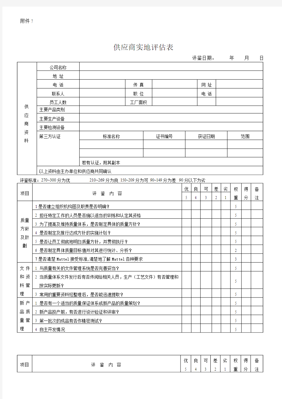 供应商实地评估表