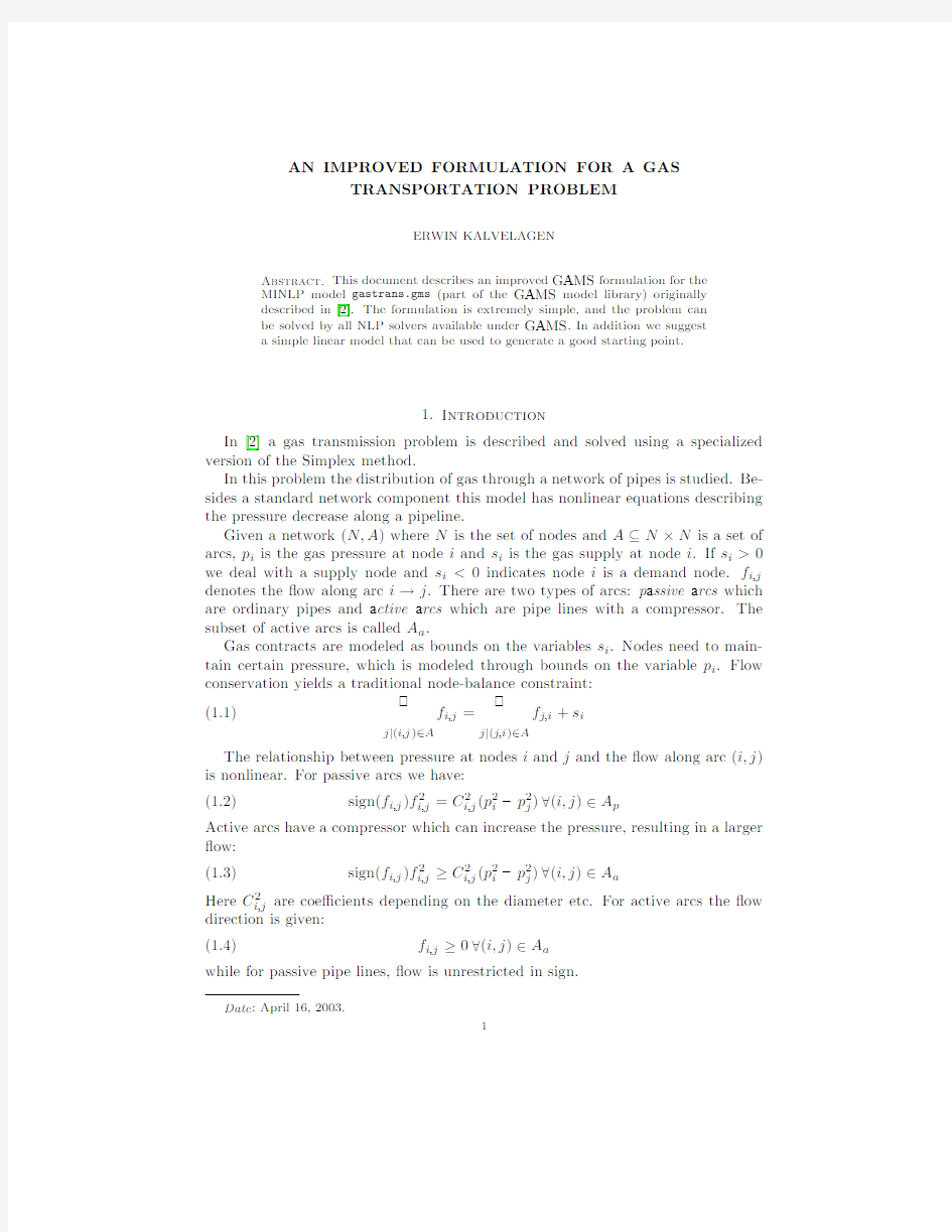 AN IMPROVED FORMULATION FOR A GAS TRANSPORTATION PROBLEM