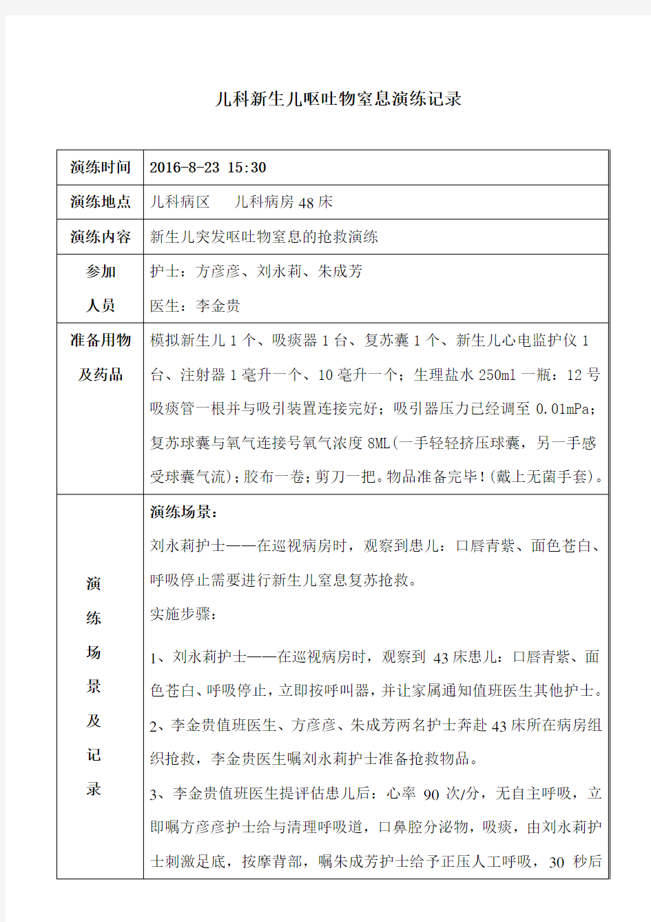 儿科突发新生儿呕吐物窒息抢救应急演练