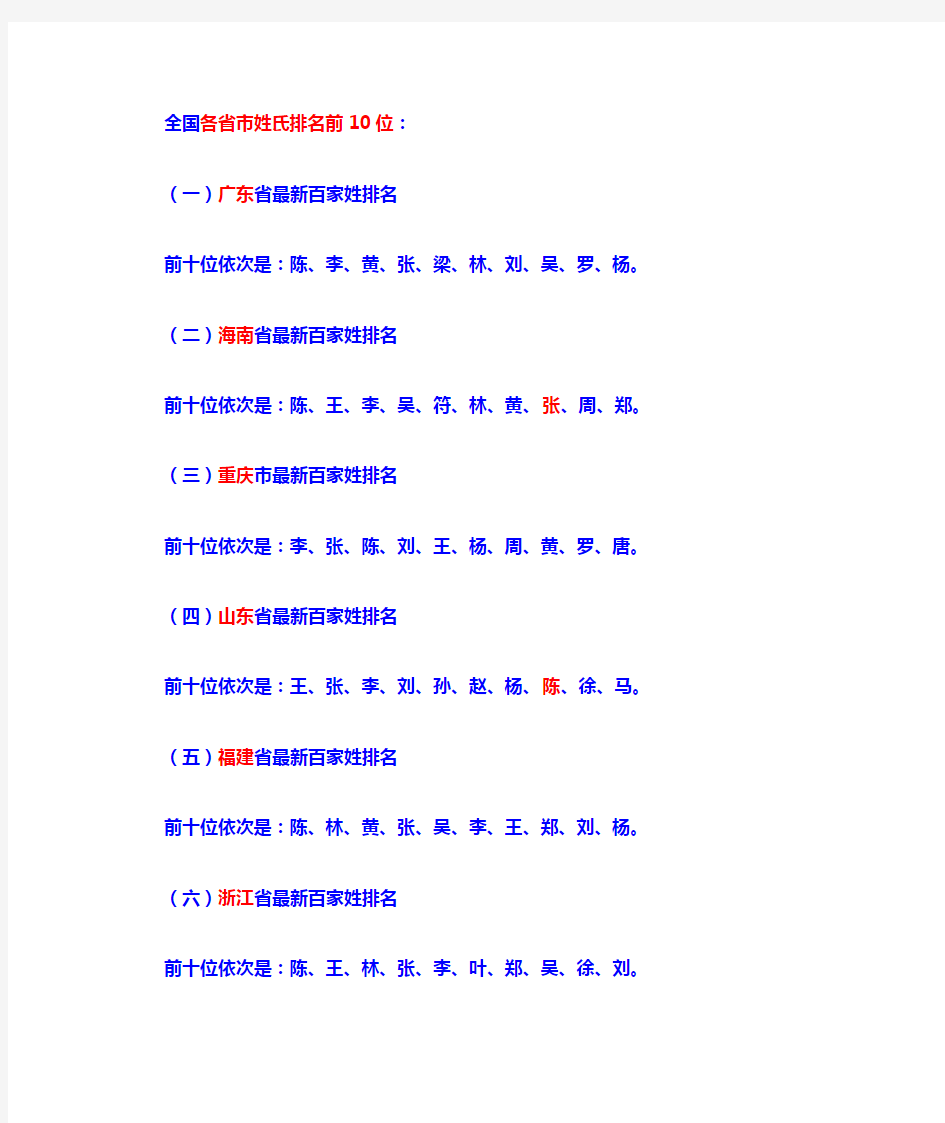 全国各省市姓氏排名前10位
