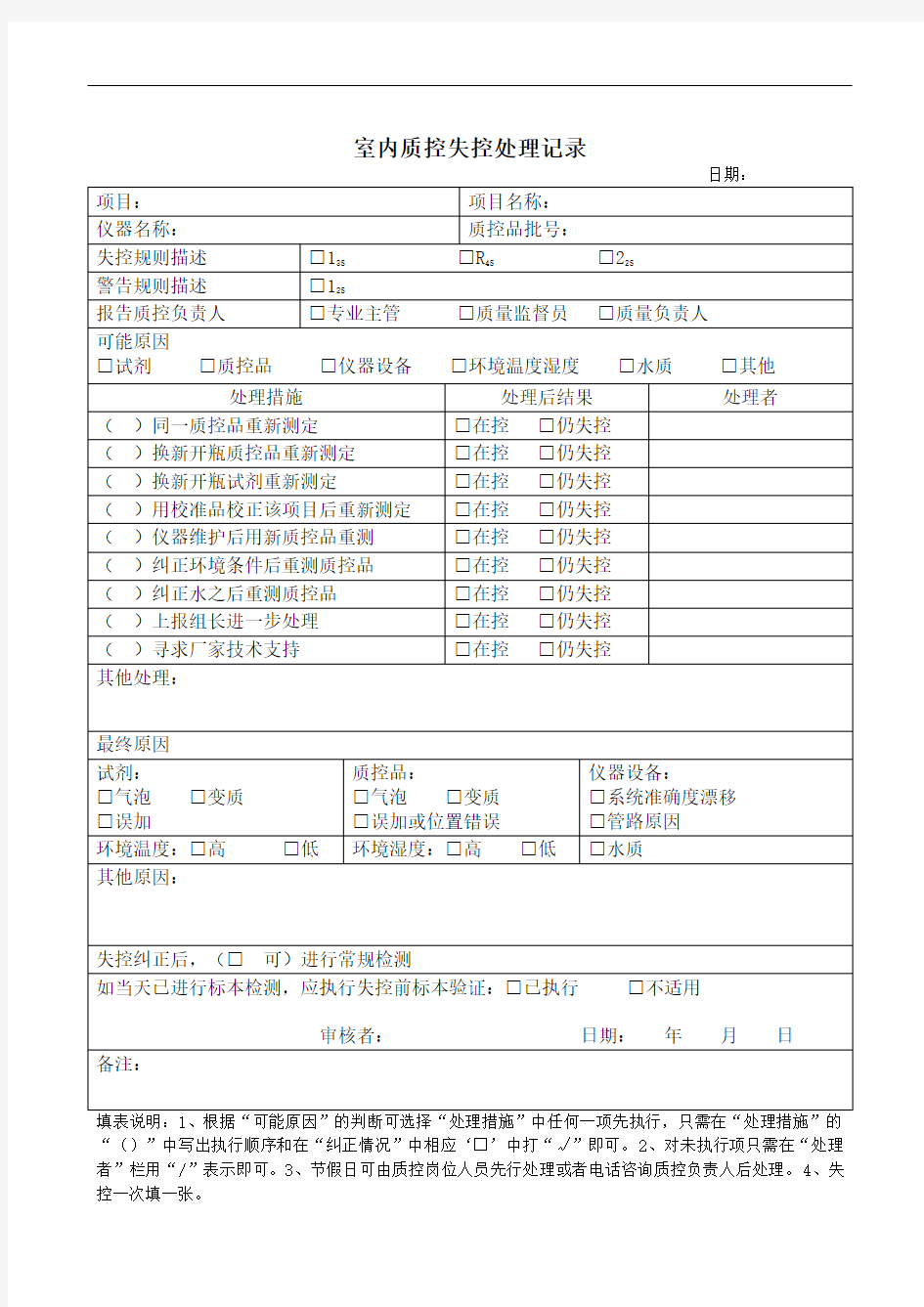 室内质控失控处理记录