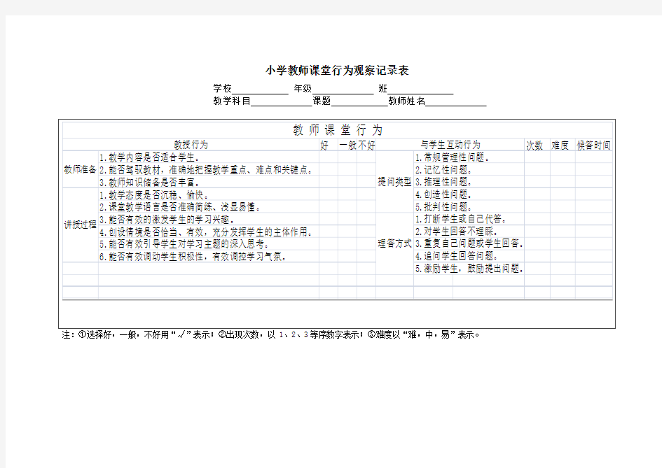 小学教师课堂行为观察记录表