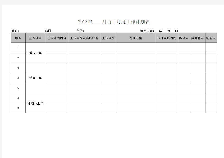 员工月度工作计划表-模板