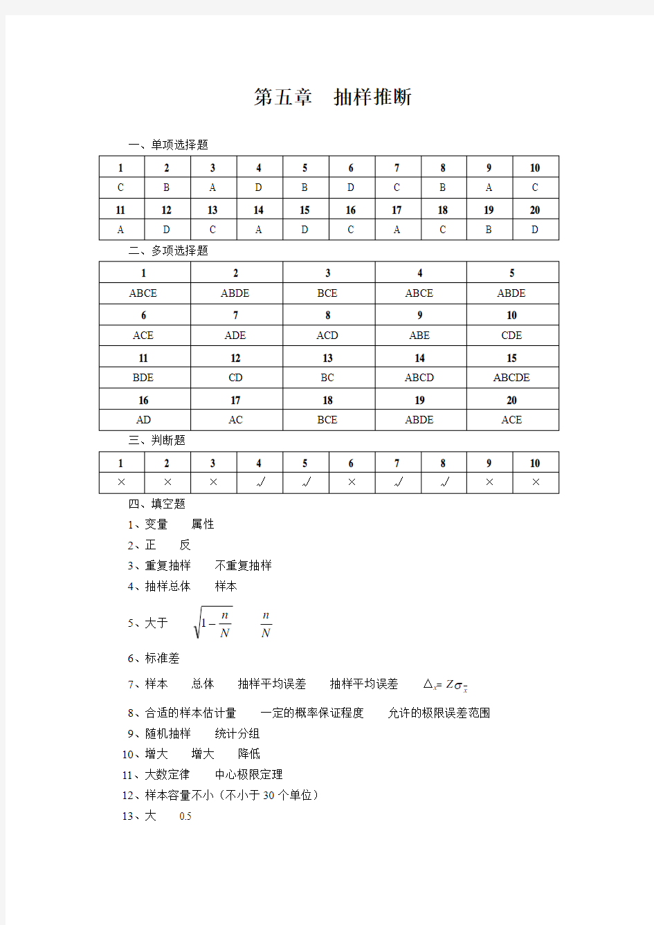 统计学 第五章  抽样推断课后答案